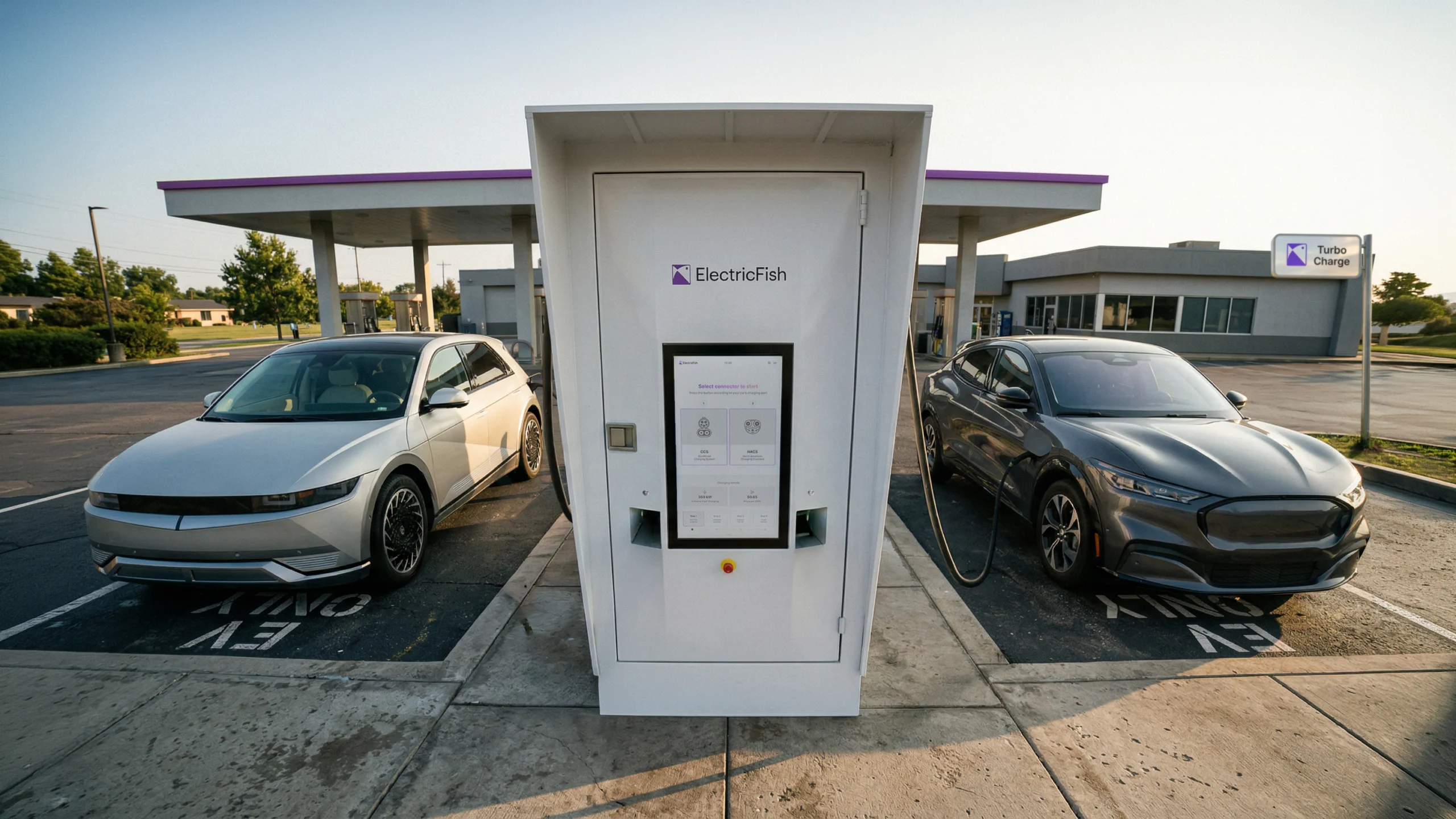 ElectricFish Turbo Charge station at a gas station, fast-charging two electric vehicles in EV-dedicated parking spots